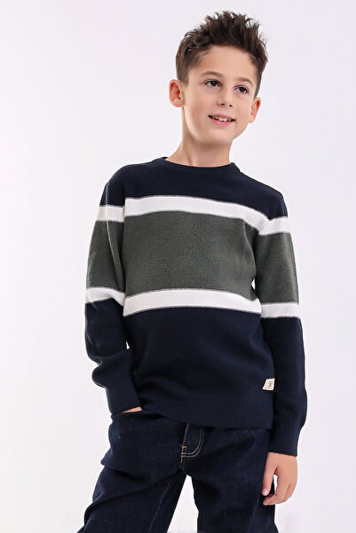 Matte İZMİR BOY'S NAVY BLUE CYCLING COLLAR STRIPED KNITWEAR SWEATER