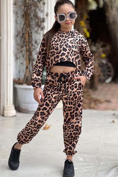Riccotarz Κοριτσίστικο φούτερ με κουκούλα λεοπάρ μοτίβο και καφέ Crop αθλητική φόρμα