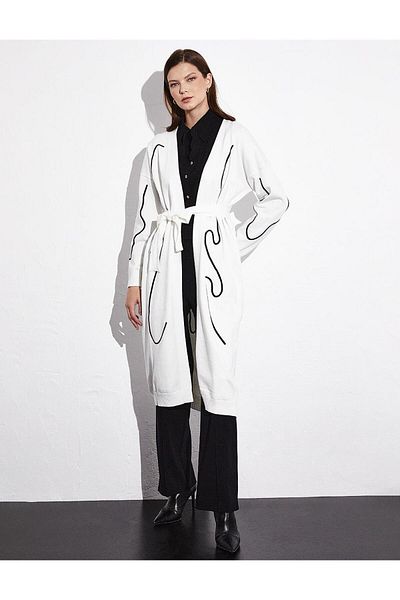 Kayra Cardigan cu curea cu design exclusiv de dungi