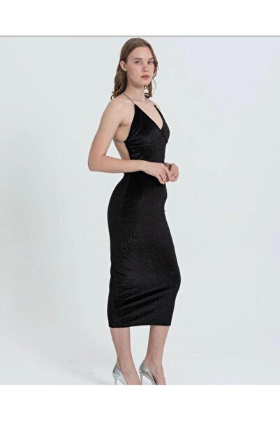 MARE BUTİK Black Lurex Chain Strap Back Low-Cut Cotton Velvet Fabric Long Dress