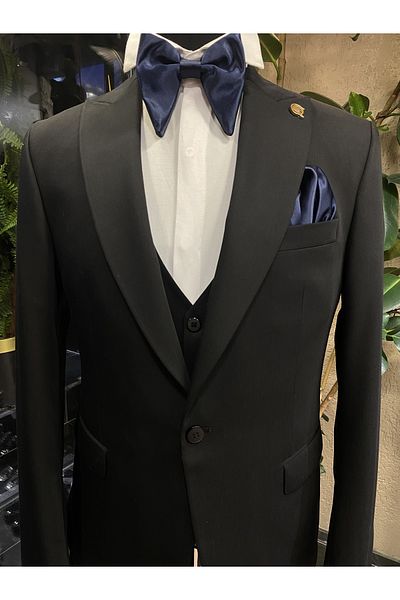 Quesste Accessory Navy Blue Men's Bow Tie and Handkerchief Set