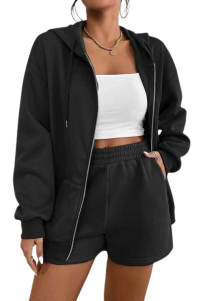 Nacar Kadın Siyah Kapşonlu Hırka Fermuarlı Sweatshirt