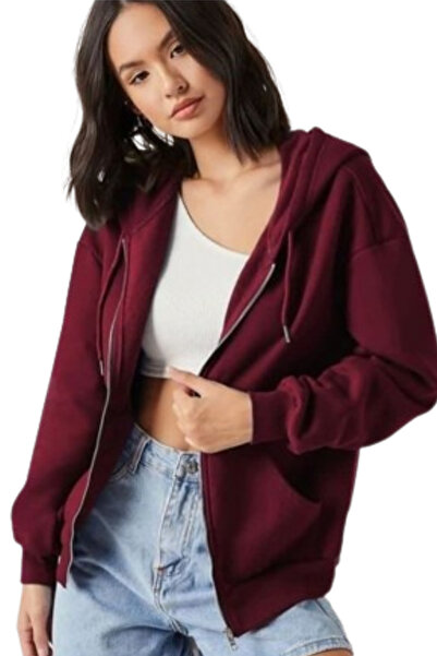 Nacar Kadın Bordo Kapşonlu Hırka Fermuarlı Sweatshirt