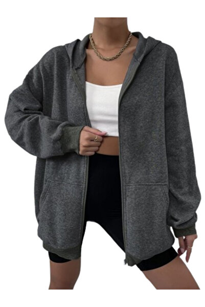 Nacar Kadın Füme Kapşonlu Hırka Fermuarlı Sweatshirt