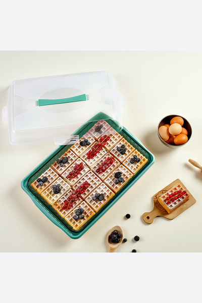 Flosoft Dikdörtgen Kek Pasta Börek Saklama Kabı, Kilitli Borcam Taşıma Kabı Büyük Boy 45cm