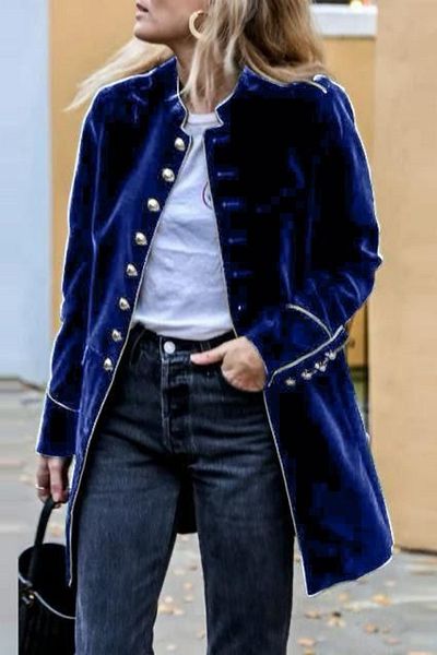 1Moda1Tarz Women's Navy Blue Velvet Inside Lined Button Closed Pocket Padded Epaulette Judge Collar Special Design Jacket