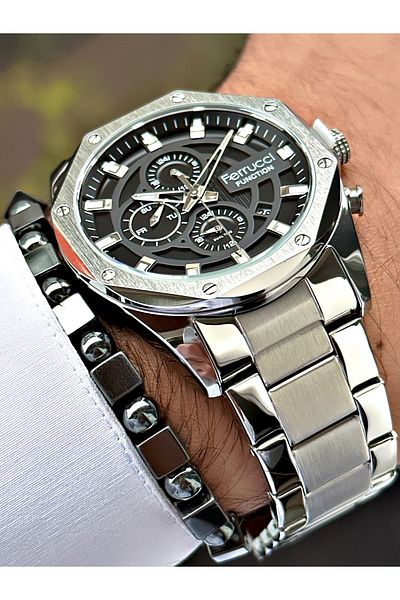 Ferrucci Silver Color Functions Active Steel Strap Men's Wristwatch + BRACELET WITH GIFT