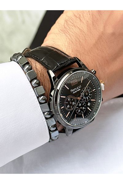 Ferrucci Black Leather Cord Function Men's Wrist Watch + BRACELET GIFT