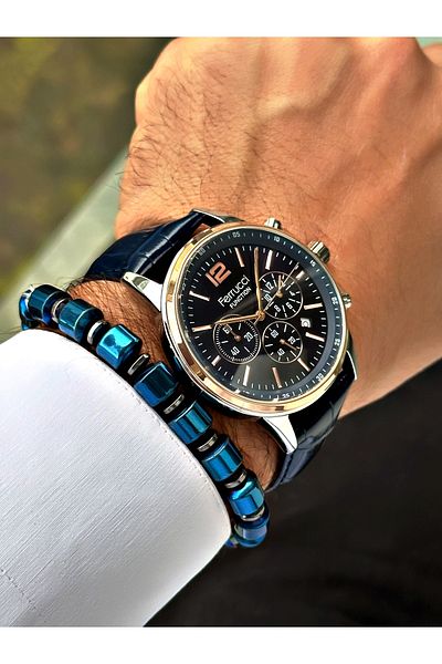 Ferrucci Brown Leather Cord Function Men's Wrist Watch + BRACELET GIFT