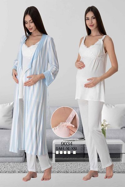 Lohussa Set de pijamale pentru damă, din bumbac, cu dantelă ecru, halat de maternitate