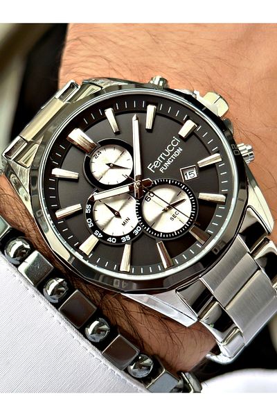 Ferrucci Silver Color Functions Active Sports Men's Wrist Watch + BRACELET GIFT