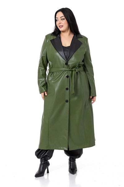 DISENTIS MODEST Large Size Leather Khaki Long Coat with Garnish Collar and Side Pockets