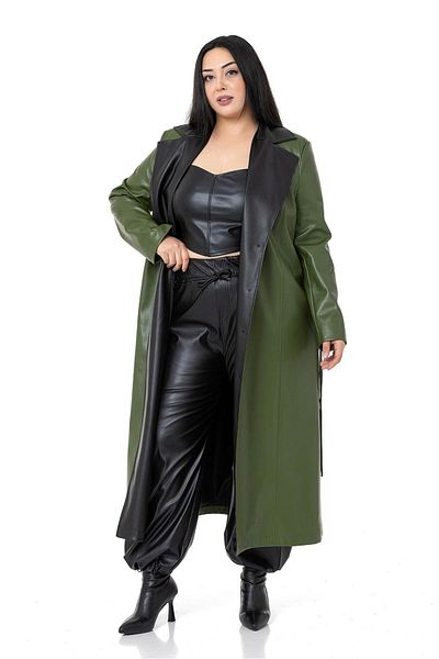 DISENTIS MODEST Large Size Leather Khaki Long Coat with Garnish Collar and Side Pockets