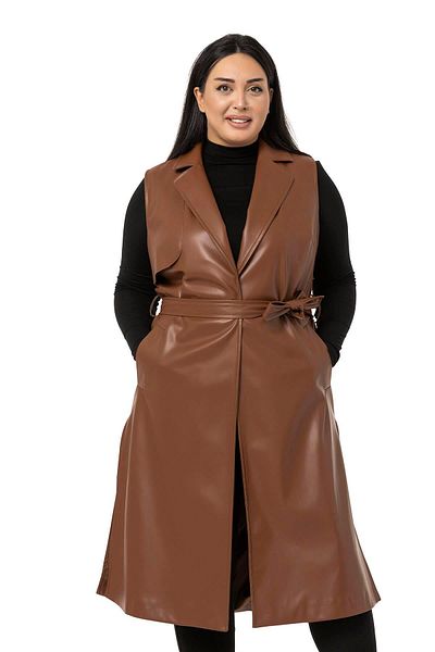DISENTIS MODEST Plus Size Leather Brown Vest with Windbreaker, Side Slits and Pockets
