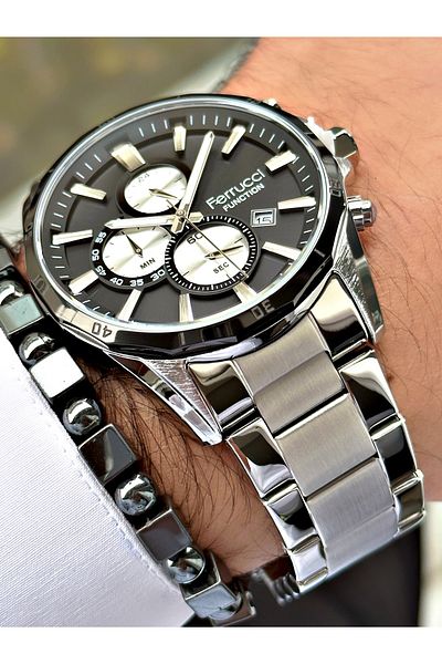 Ferrucci Silver Color Functions Active Sports Men's Wrist Watch + BRACELET GIFT