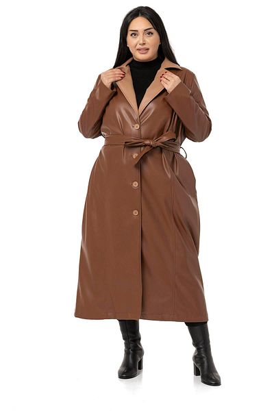 DISENTIS MODEST Plus Size Garnished Side Pocket Lined Leather Brown Long Coat