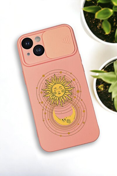 mooodcase iPhone 13 Uyumlu Moon and Sun Desenli Kamera Koruma Slider Kapaklı Silikonlu Telefon Kılıfı