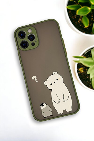 mooodcase iPhone 12 Pro Uyumlu Penguen ve Ayıcık Desenli Buzlu Şeffaf Lüx Telefon Kılıfı