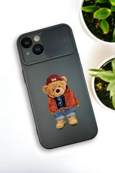 mooodcase iPhone 13 Uyumlu Teddy Bear Desenli Kamera Koruma Slider Kapaklı Silikonlu Telefon Kılıfı