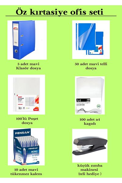 ÖZ KIRTASİYE Folder albastru 5 bucăți-pungă 100 bucăți-hârtie A4 100 bucăți-cilindru albastru 10 bucăți-legătură cu inele 50 bucăți-mașină de capsare