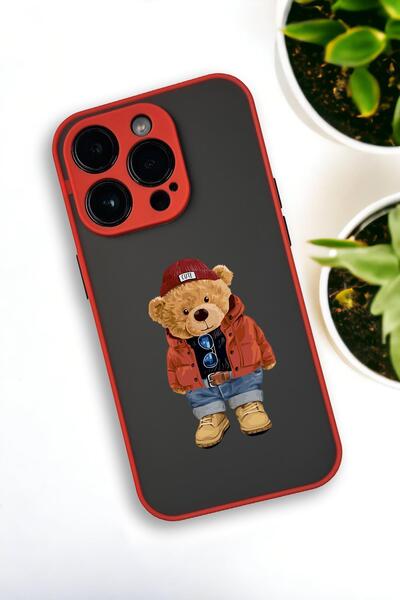 mooodcase iPhone 14 Pro Uyumlu Teddy Bear Desenli Buzlu Şeffaf Lüx Telefon Kılıfı