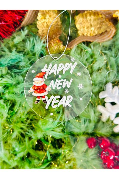 Hediyenikap Happy New Year Written Christmas Tree Ornament - 8*8 cm Transparent Plexi