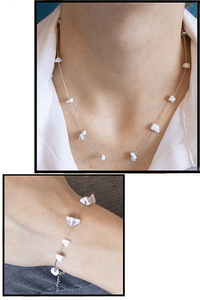 Tesbih Atölyesi Certified Silver Howlite Stone Natural Stone Necklace Bracelet Set