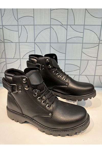 Vanotte 8020 Cizme de zi cu zi, unisex, piele neagră, cauciuc, talpă anti-alunecare, căptușeală caldă