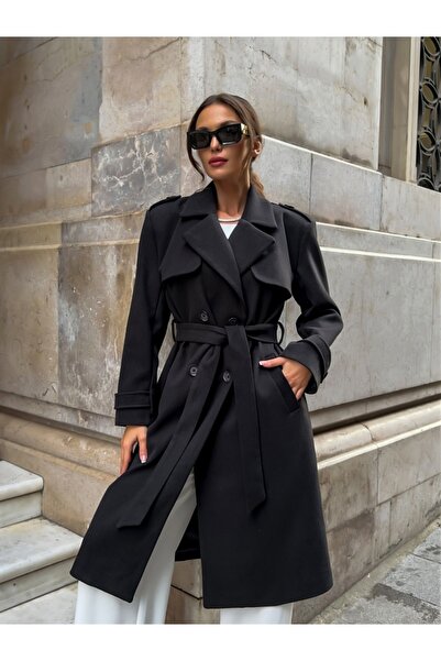 Elif Özbey Butik Siyah Omuzu Düğmeli Premium Kaban