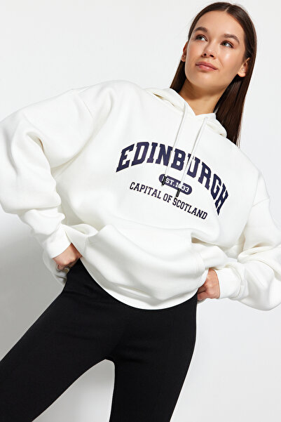 Trendyol Collection Ecru Thick Fleece Inside City Printed Oversize/Wide Fit Hooded Knitted Sweatshirt TWOAW24SW00438