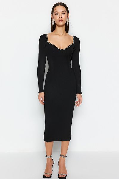 Trendyol Collection Black Shiny Stone Knitwear Elegant Evening Dress TPRAW24EL00253