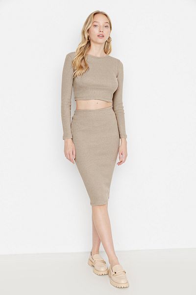 Trendyol Collection Stone Crop Crew Neck bordázott, rugalmas kötött felső és alsó készlet TWOAW22AU0496