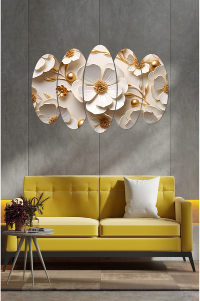 kutuTR Notpa 5 Parça Beyaz Çiçek Tablo 3D Görünüm 55x83