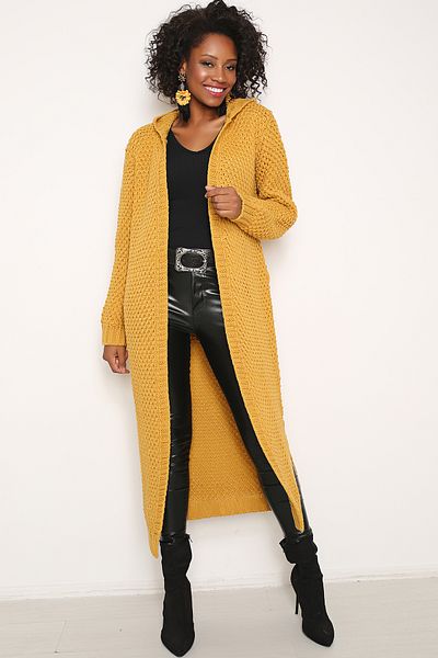 AVORWE Hooded Solid Brass Knitted Slit Open Front Women's Knitwear Cardigan