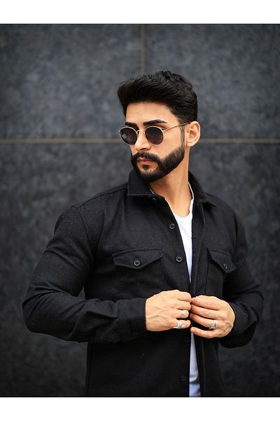 Esra Butik Hane Мъжка риза Lumberjack Черно кашмирено яке с два джоба и копчета
