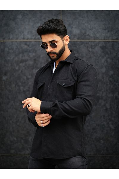 Esra Butik Hane Мъжка риза Lumberjack Черно кашмирено яке с два джоба и копчета
