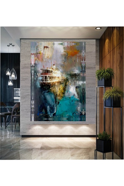 HDART Soyut Modern Yağlı Boya Görünümü İstanbul Vapur İskele Deniz Kuşlar Kan...