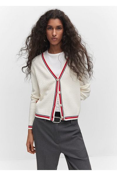 MANGO Woman Contrast Tipped Knitted Patterned Cardigan