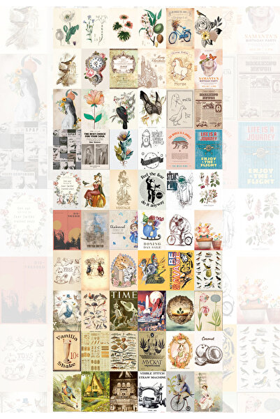 MeyArt Ajans Vintage Botanical 60' Lı Duvar Posteri Seti - ETİKET - STICKER