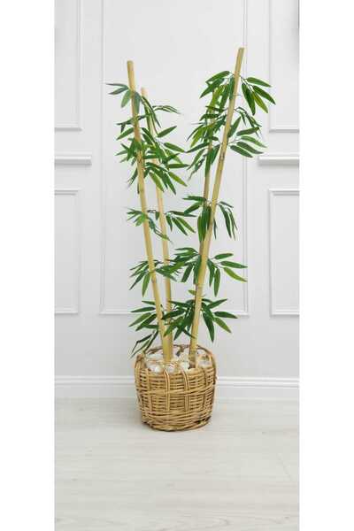 ötay Dekoratif Yapay Yapraklı 4 Gövde Bambu Ağacı 110 Cm Yeni Ürün %100 Bambu Hasır Sepet Hasır Saksı