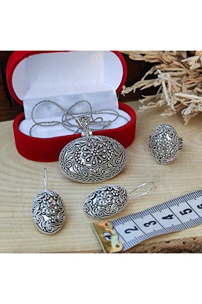 Sahra Gümüş Mardin Yöresel İşlemeli Telkari Gümüş Üçlü Set