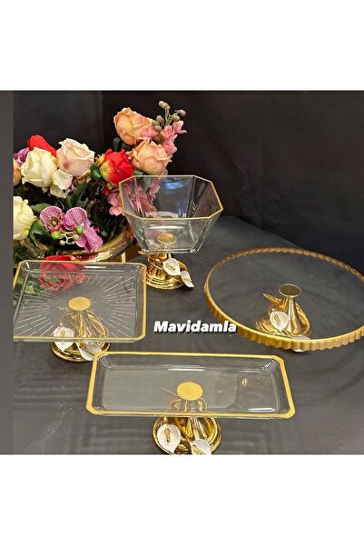 MaviDamla طقم عرض زجاجي مكون من 4 قطع من المينا مع تفاصيل مذهبة باللون الذهبي