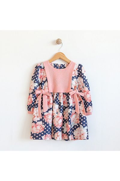 DIDuStore Rochie pentru fetiță cu modele florale, cu accent nostalgic cu buline