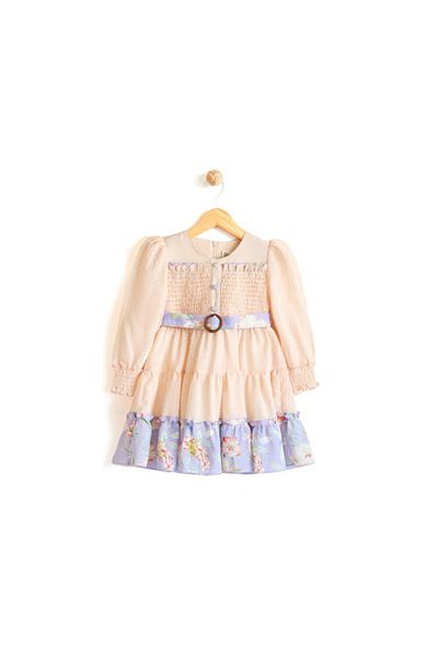 DIDuStore Flower Patterned Chiffon Girl's Dress - Belted and Stylish Fabric Texture Detail