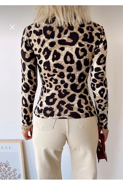 BE CHİC ΓΥΝΑΙΚΕΙΑ ΜΕ ΣΧΕΔΙΟ LEOPARD ΤΕΤΡΑΓΩΝΙΚΟΣ ΛΑΙΜΟΣ ΜΑΚΡΥ ΜΠΡΟΣ ΜΠΡΟΣ ΔΙΠΛΗ ΣΤΡΩΜΑ CROP BLUZ AYD0010