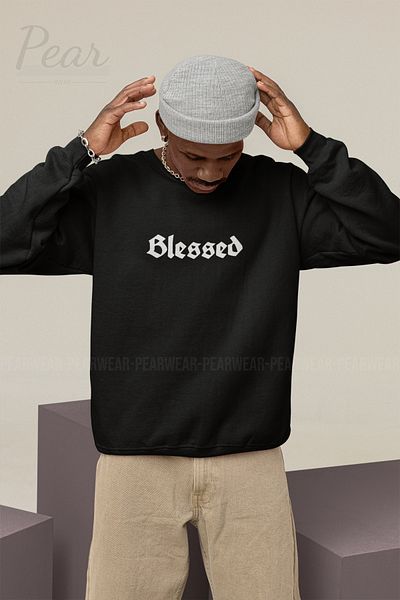 Pear Wear Мъжки суитшърт с 3 нишки и повдигнат овърсайз принт Blessed