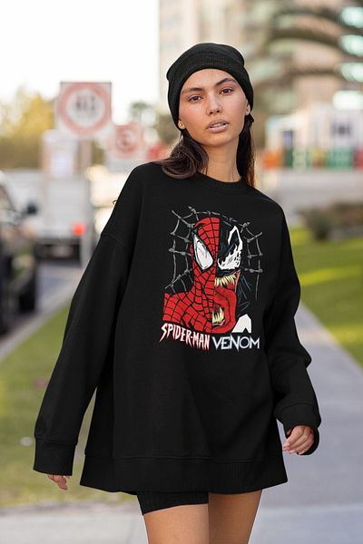 Fuddy Moda Hanorac fără glugă cu imprimeu Spiderman Venom, hanorac unisex supradimensionat cu imprimeu Marvel Universe