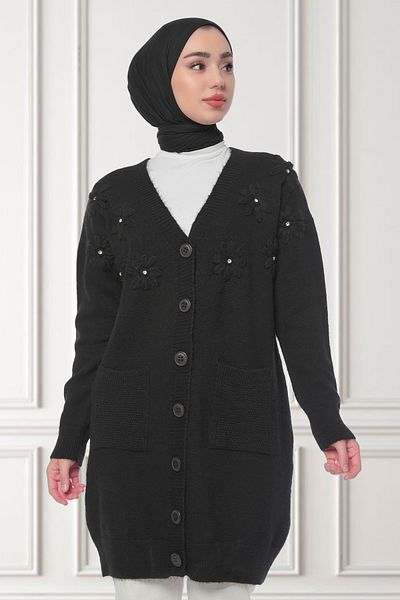 GÜLSELİ Black Women's Floral Embroidered Jewelled Long Knitwear Cardigan