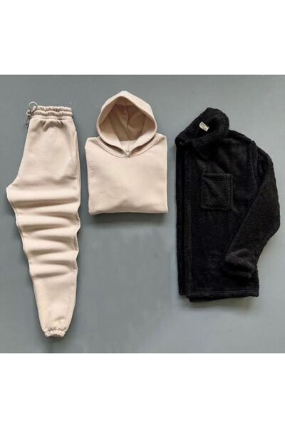 NO 601 BLACK BUTTONED PLUSH WEELSOFT JACKET +BEIGE 3-THREAD BOTTOM-TOP WINTER...