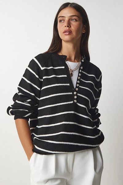 hazelin Women's Black Lightweight Balloon Sleeve Red Striped Button-Up Collar Knitwear Sweater HZL23W-BD1101491